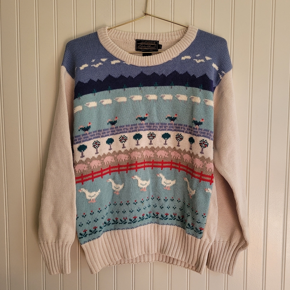Vintage Eddie Bauer women sweater farm animals small ducks chickens pigs